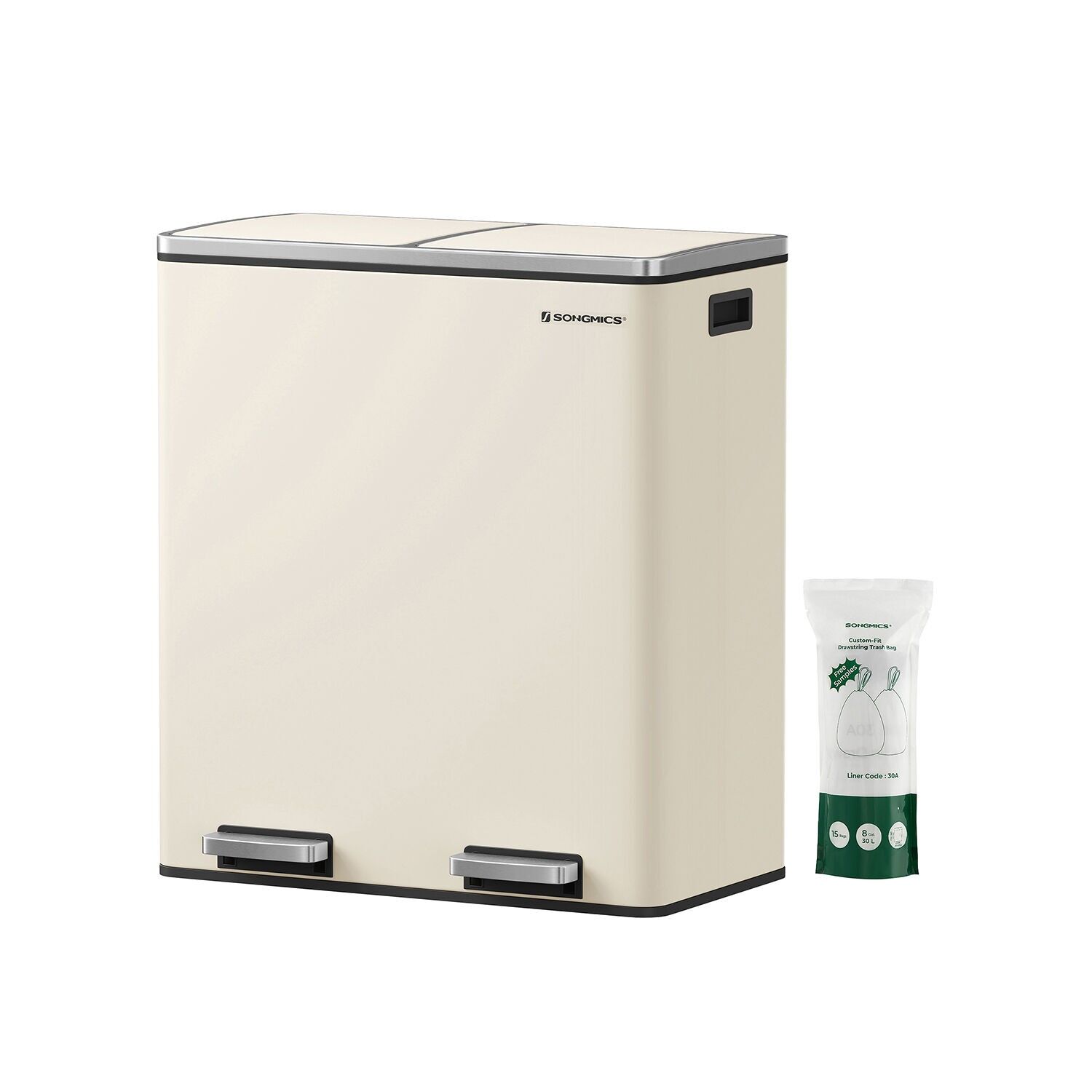 Waste bin 2 x 30 litres with lid and inner bucket, cream white, 59 x 32.5 x 65.2 cm (L x W x H) Total height (with lid open): 94 cm Dimensions per inner bucket: 27 x 27 x 58.5 cm (L x W x H) Foot pedal dimensions: 13.5 x 4 cm