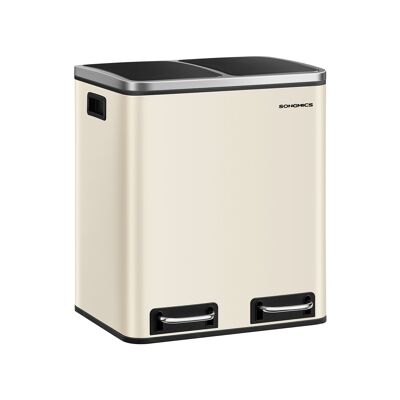 Sistema de separación de residuos 2 compartimentos 2 x 15 L con tapa beige arena-negro tinta, 41 x 31.5 x 47 cm (largo x ancho x alto) Altura total (con tapa abierta): 73.5 cm Dimensiones por cubo interior: 18.4 x 26.3 x 40 cm (largo x ancho x alto) Dimensiones del pedal: 11 x 3. 5 cm