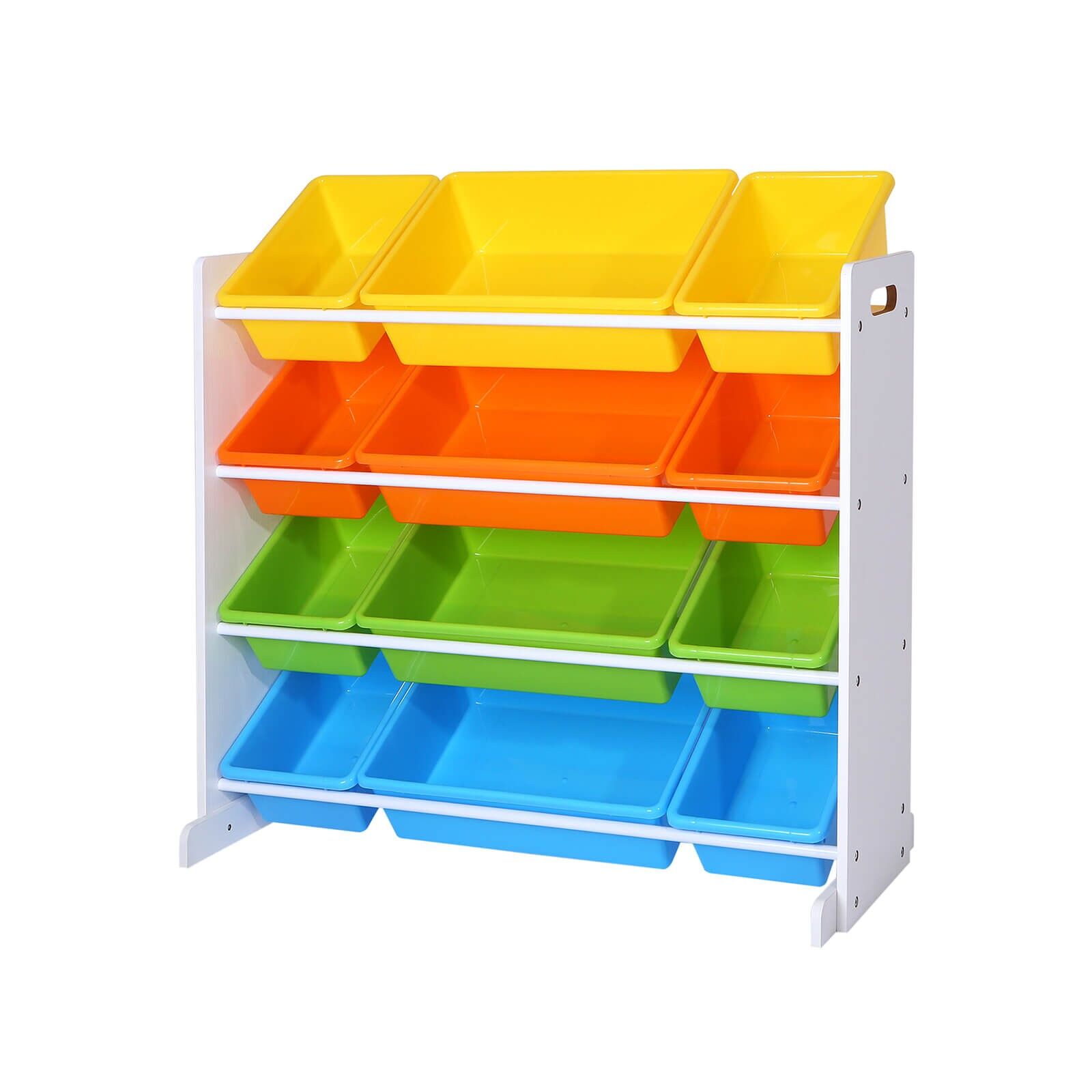 Children's room shelf with colorful boxes, 30 x 12 x 19.5 cm (W x H x D) - Dimensions (large box): 41 x 12 x 29.5 cm (W x H x D) - Total dimensions: 86 x 78 x 26.5 cm