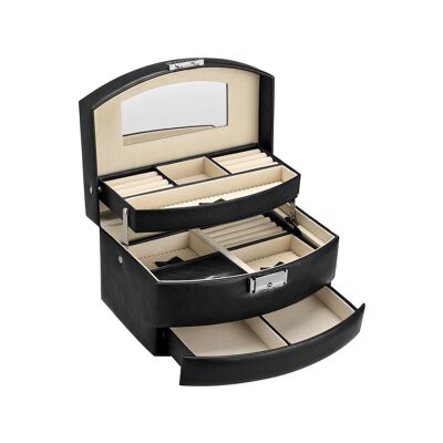 Joyero negro de 3 niveles, 22 x 16 x 12.5 cm (largo x ancho x alto) - Dimensiones de la mini caja: 14 x 9 x 6 cm