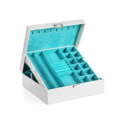 Discreet jewellery box white, 26 x 10 x 26 cm (W x H x D) Divider dimensions: 24 x 3 x 24 cm (W x H x D) Bottom compartment dimensions: 8 x 2.5 x 8 cm each