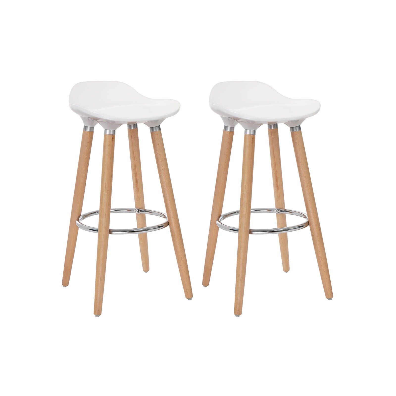 Lot de 2 tabourets de bar blanc-naturel, 39 x 80 x 33 cm (L x H x P) - Hauteur d'assise : 73 cm - Dimensions de la coque d'assise : 38.5 x 30 cm (L x P) - Hauteur du dossier (vertical) : 8 cm - Diamètre du repose-pieds : 36 cm