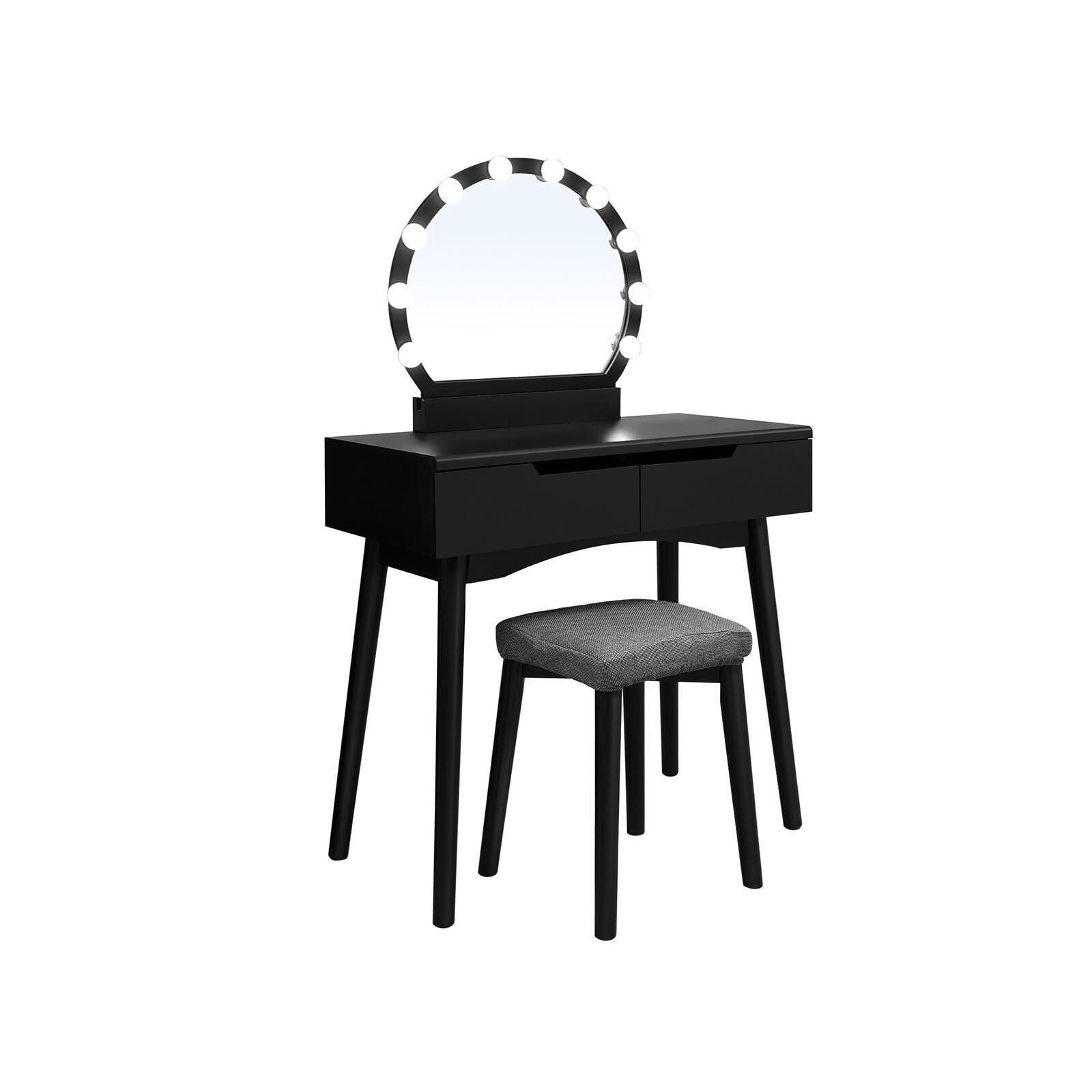 Coiffeuse avec ampoules noire, 80 x 40 x 130.5 cm (L x W x H) - Stool dimensions: 32.5x32.5 x 45.5 cm