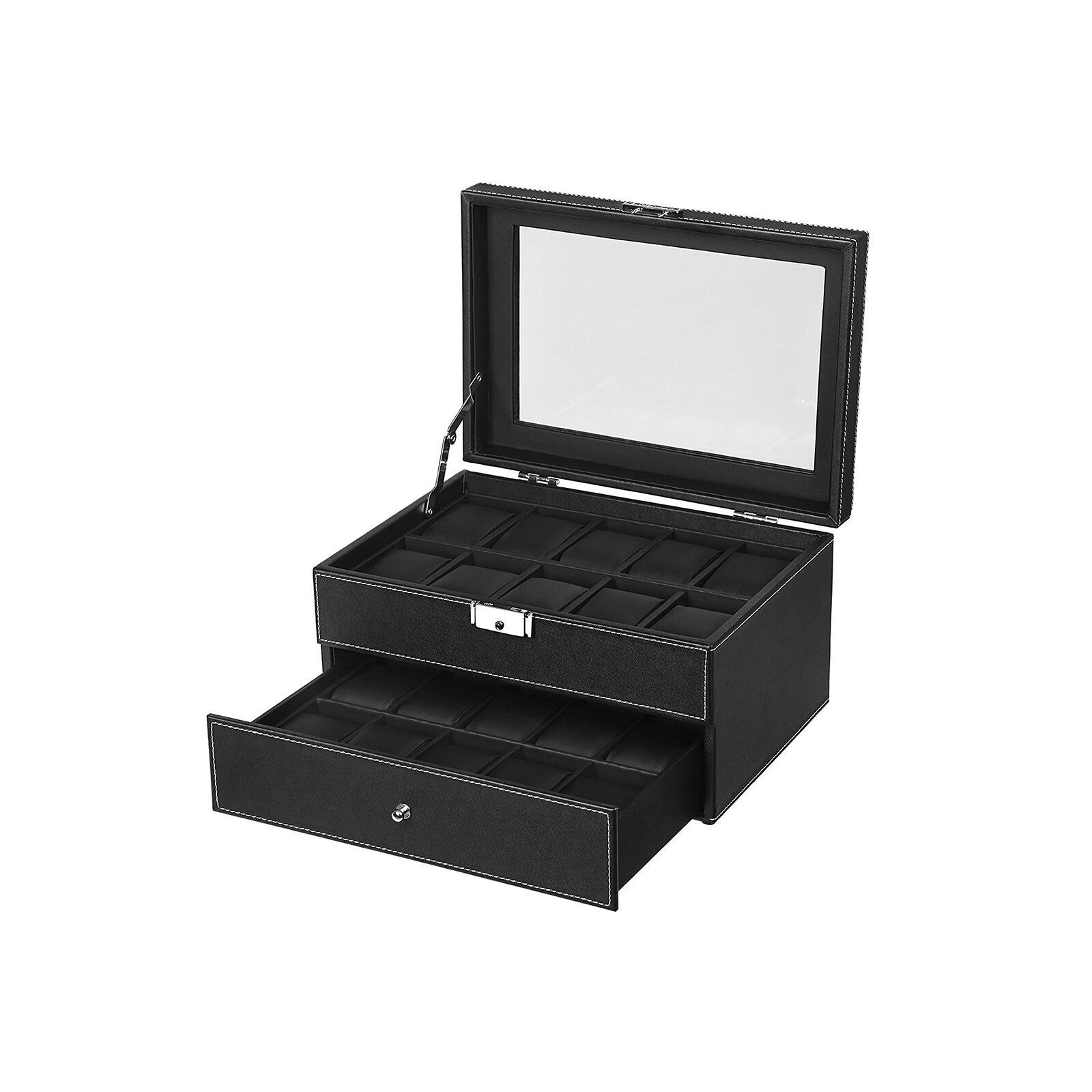 Watch box for 20 watches with drawer, 28 x 15 x 20 cm (W x H x D) - Compartment dimensions: 4.5 x 9 cm - Cushion dimensions: 4.5 x 7.5 x 4 cm
