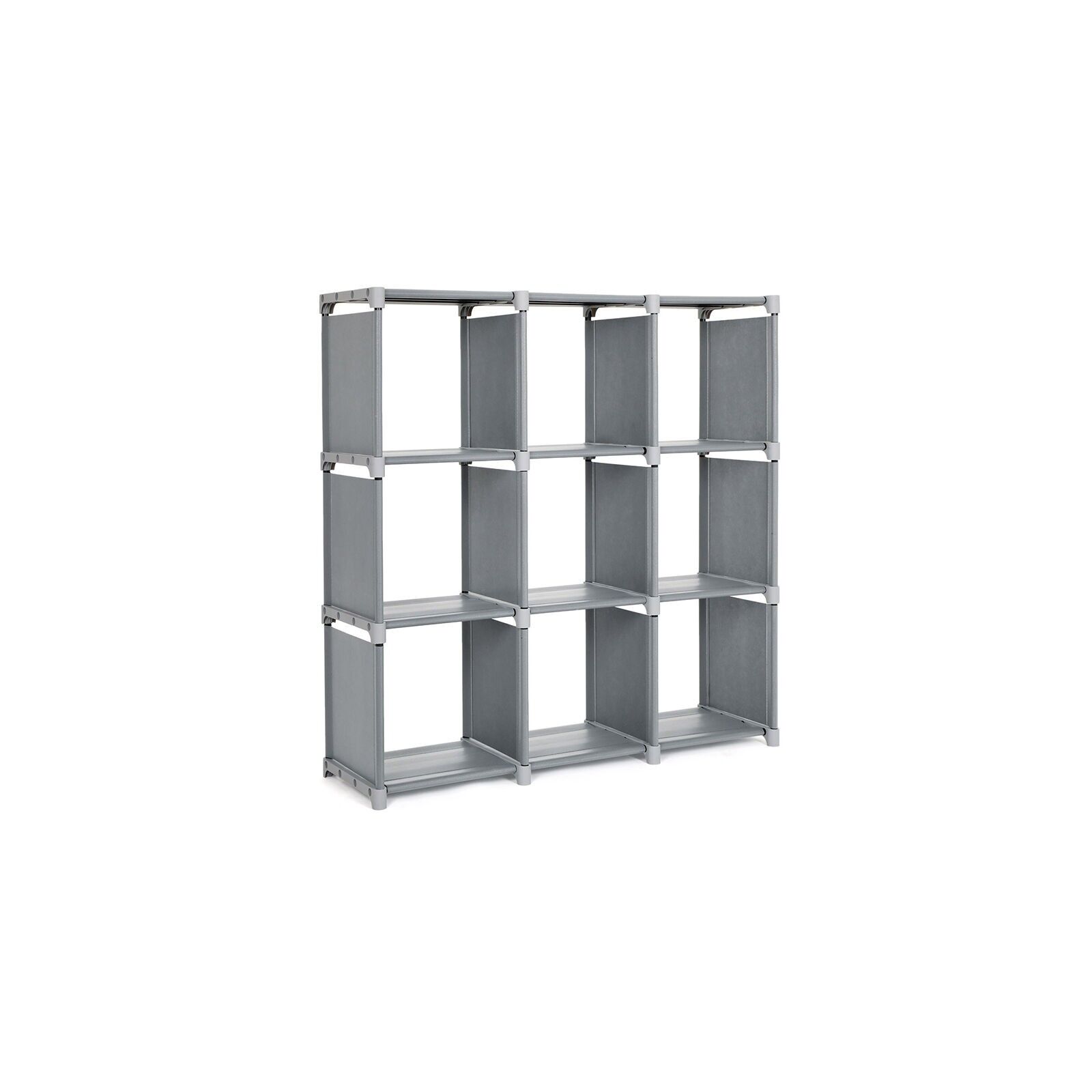 Plastic shelf with 9 cubes, grey, 105 x 105 x 30 cm (W x H x D). Internal dimensions of each compartment: 32 x 32 x 30 cm