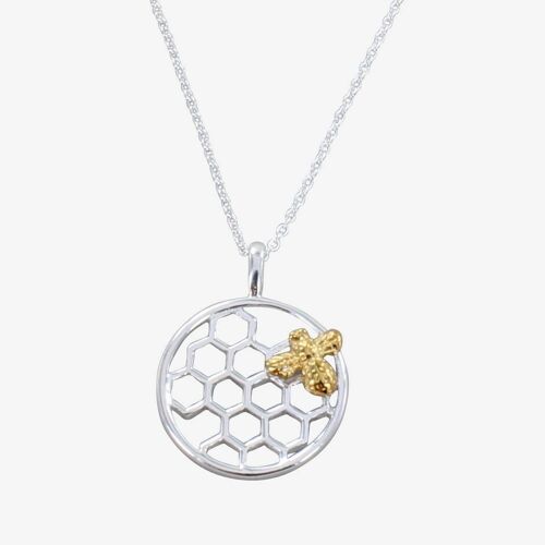 Bee & Honeycomb Sterling Silver Necklace Gold