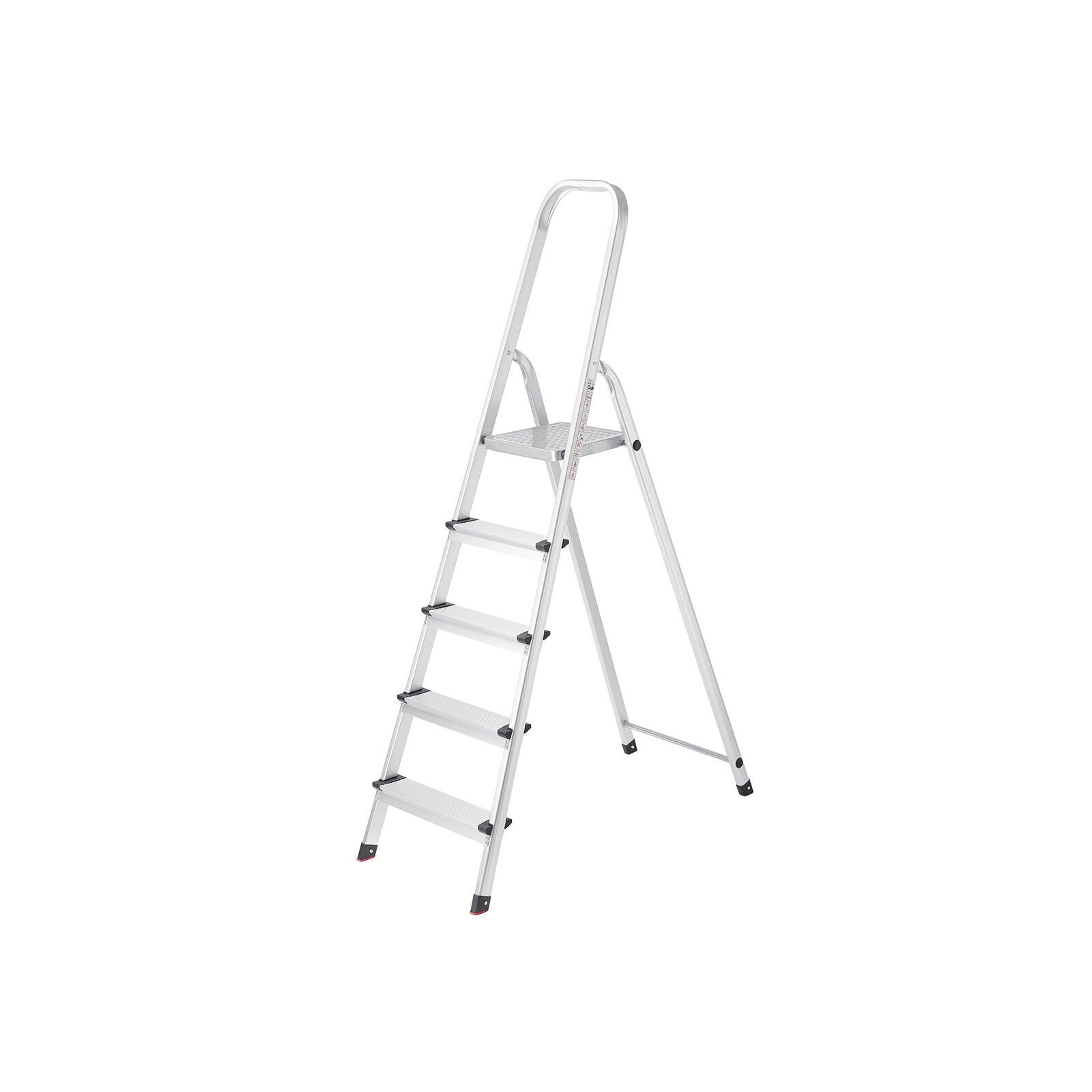 Household ladder 5 steps, 46 x 176 x 12 cm (W x H x D) - Dimensions when unfolded: 48 x 165 x 102 cm (W x H x D) - Platform height: 104 cm - Step spacing from top to bottom: 16/19/19/23 cm each - Step depth: 8 cm - Base depth: 25 cm