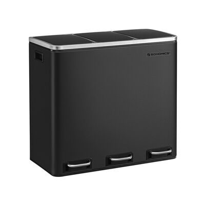Papelera de 3 compartimentos, 61.5 x 31.5 x 56 cm (largo x ancho x alto) Dimensiones por cubo interior: 18 x 26.5 x 49 cm (largo x ancho x alto) Altura total (con tapa abierta): 84. 5 cm