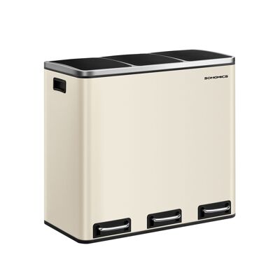 Sistema de separación de residuos 3 compartimentos 3 x 18 L con tapa beige arena, 61 x 31.5 x 55.5 cm (largo x ancho x alto) Altura total (con tapa abierta): 84.5 cm Dimensiones por cubo interior: 18 x 26.5 x 49 cm (largo x ancho x alto) Dimensiones del pedal: 11 x 3. 5 cm