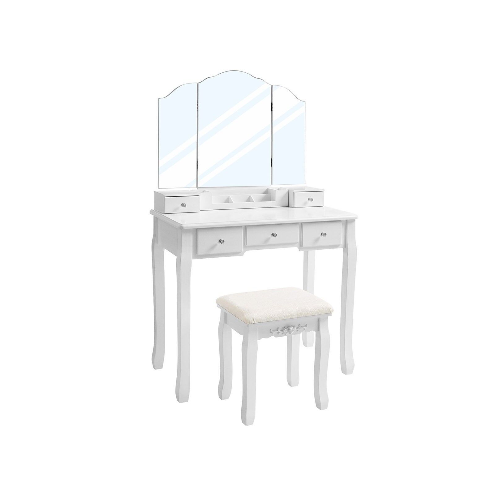 Coiffeuse avec miroir rabattable, 80 x 40 x 137.5 cm (L x l x H) - Dimensions du tabouret : 40 x 30 x 50 cm