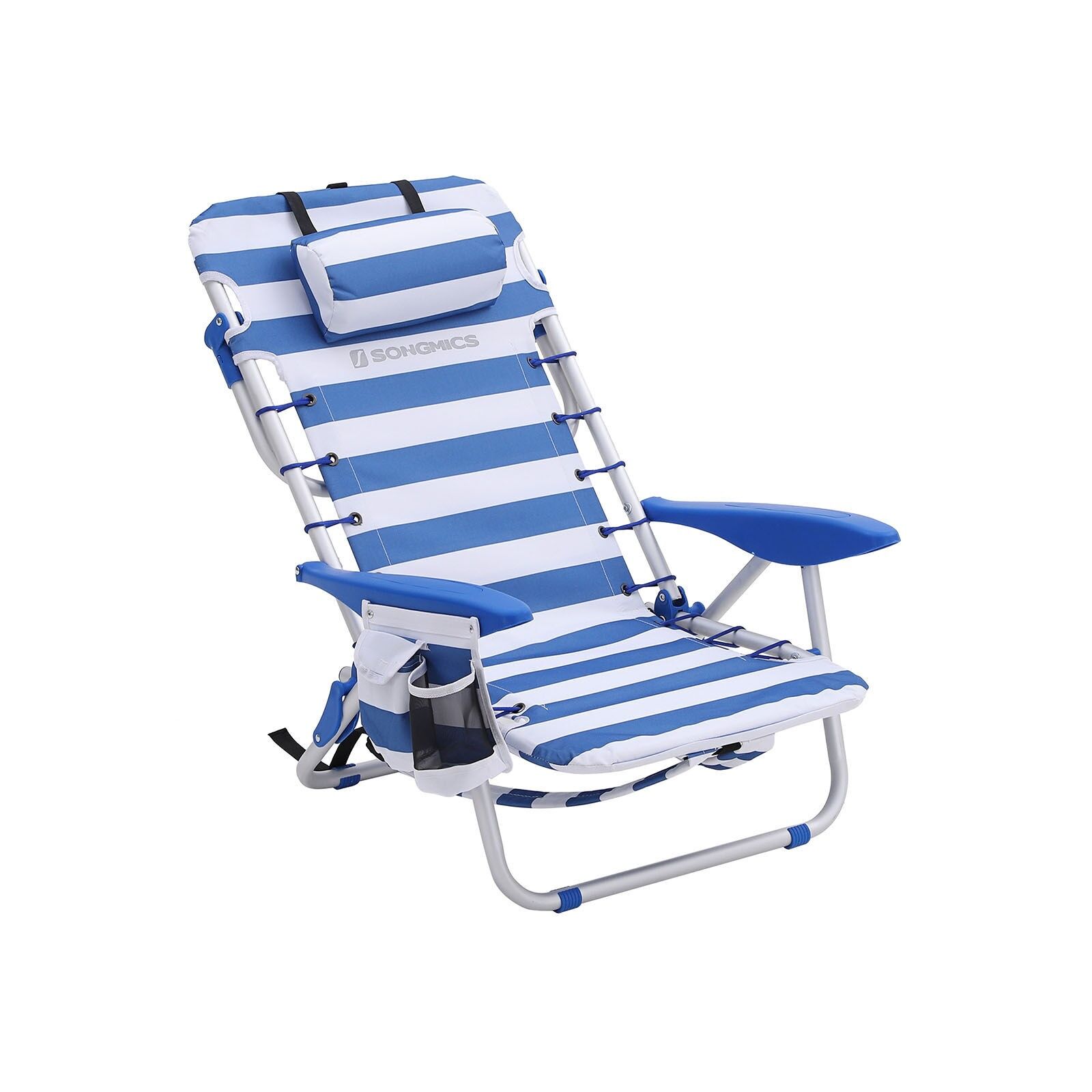 Chaise de plage avec coussin, bleu et blanc, 63 x 68 x 75 cm