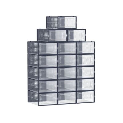 Set di 18 scatole per scarpe pieghevoli e impilabili, trasparenti-blu antracite, 33.5×23.2×14.3 cm (L x P x A) Dimensioni interne per scatola: 31.2×22.5×13.5 cm