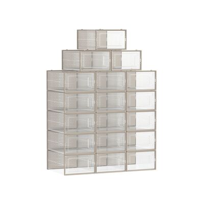 Lot de 18 boîtes à chaussures pliables et empilables transparentes-beige avoine, 33.5x23.2x14.3 cm (L x l x H) Dimensions intérieures par boîte : 31.2x22.5x13.5 cm