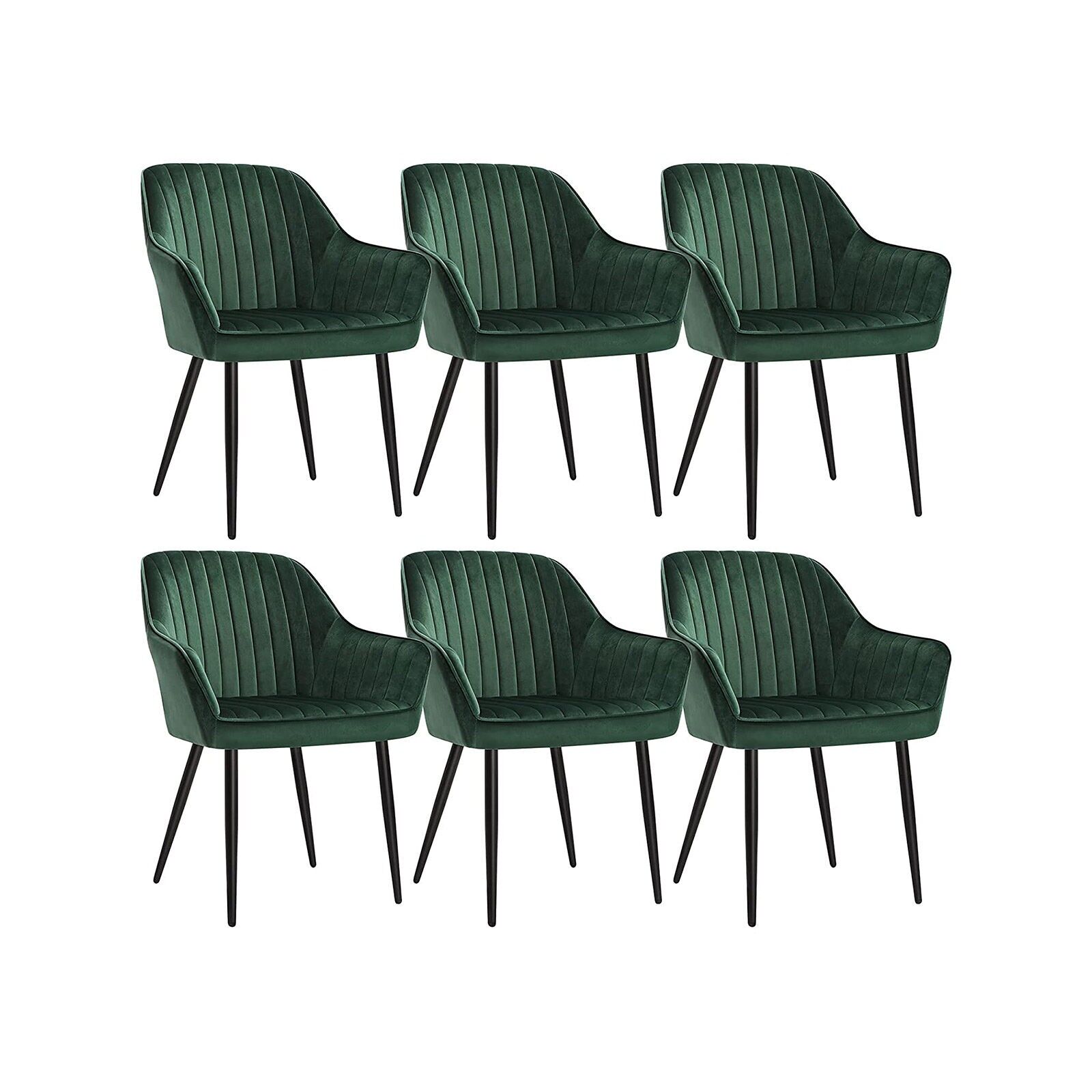 Ensemble de 6 chaises de salle à manger avec revêtement en velours vert, 62.5 x 60 x 85 cm (L x W x H) Seat height: 50 cm Seat width: 49 cm Seat depth: 44.5 cm Backrest height: 39.5 cm Hauteur de l'accoudoir (à partir du sol) : 64 cm Épaisseur du coussin d'assise : 7 cm