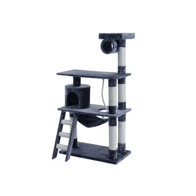 Rascador estable con hamaca y escalera, 75 x 40 cm - Dimensiones: aprox. 75 x 140 x 70 cm - Cueva: Ø aprox. 19 cm; altura 25 cm - Barril rascador: Ø aprox. 16 cm; altura 25 cm - Ø de los postes: aprox. 8. 6 cm