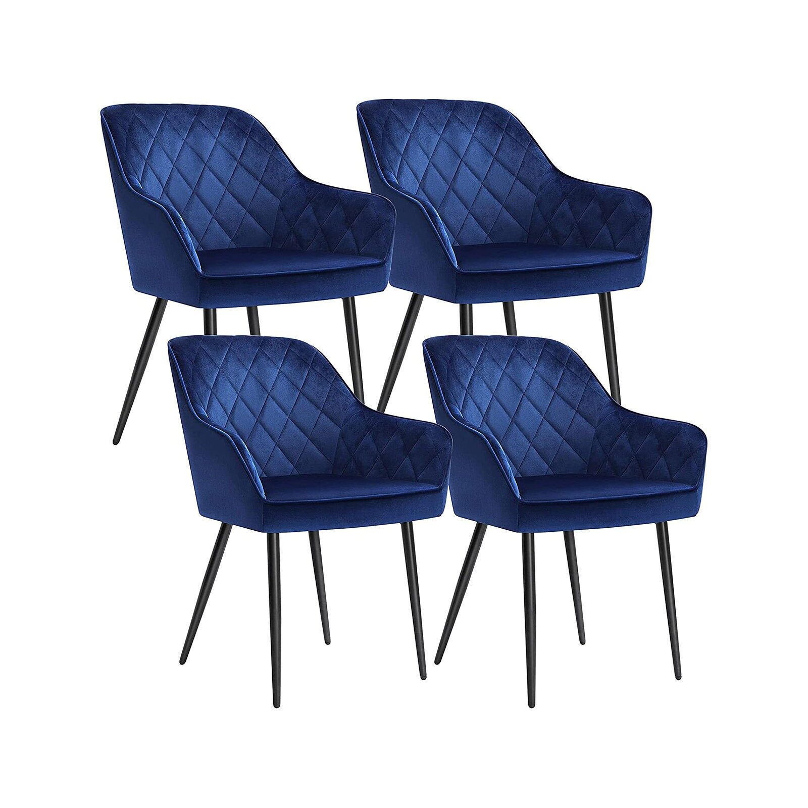 Lot de 4 chaises rembourrées avec pieds en métal bleu, 62.5 x 60 x 85 cm (L x W x H) Seat height: 50 cm Seat width: 49 cm Seat depth: 44.5 cm Backrest height: 39.5 cm Hauteur de l'accoudoir (à partir du sol) : 64 cm Épaisseur du coussin d'assise : 7 cm