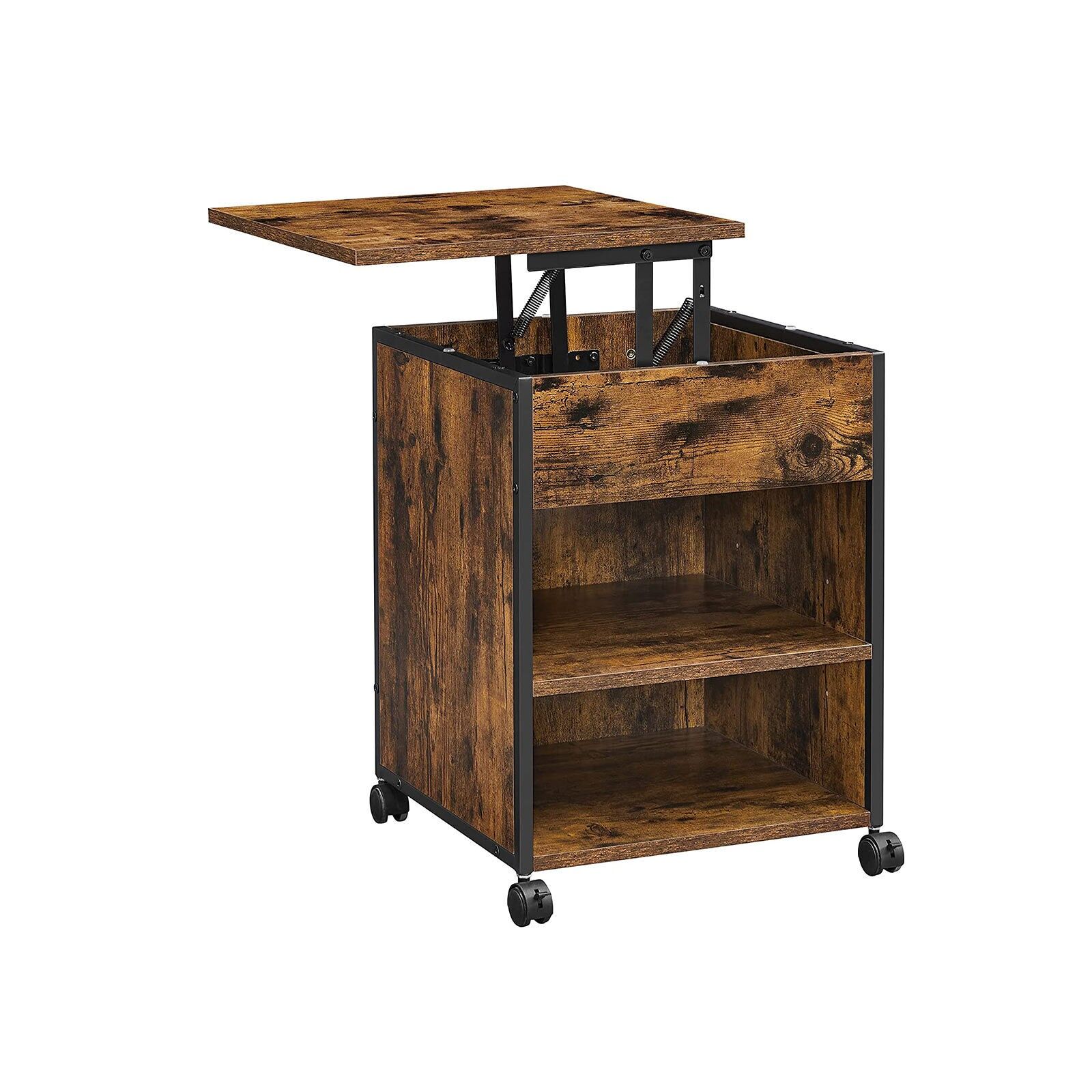 Industrial-style bedside table on wheels, 45 x 45 x 60/73.2 cm (L x W x H) - Top shelf depth: 12.4 cm - Height of each open shelf: 17.8 cm - Adjustable shelf spacing (3 optional heights): 6.4 cm