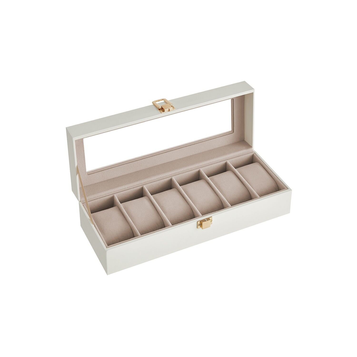 Coffret à montres 6 compartiments, fermeture en métal, idée cadeau, blanc nuage, 30 x 11 x 8 cm