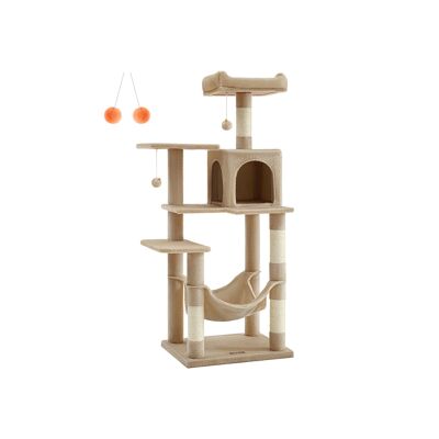 Rascador de 143 cm de alto con 4 postes rascadores color marrón camello