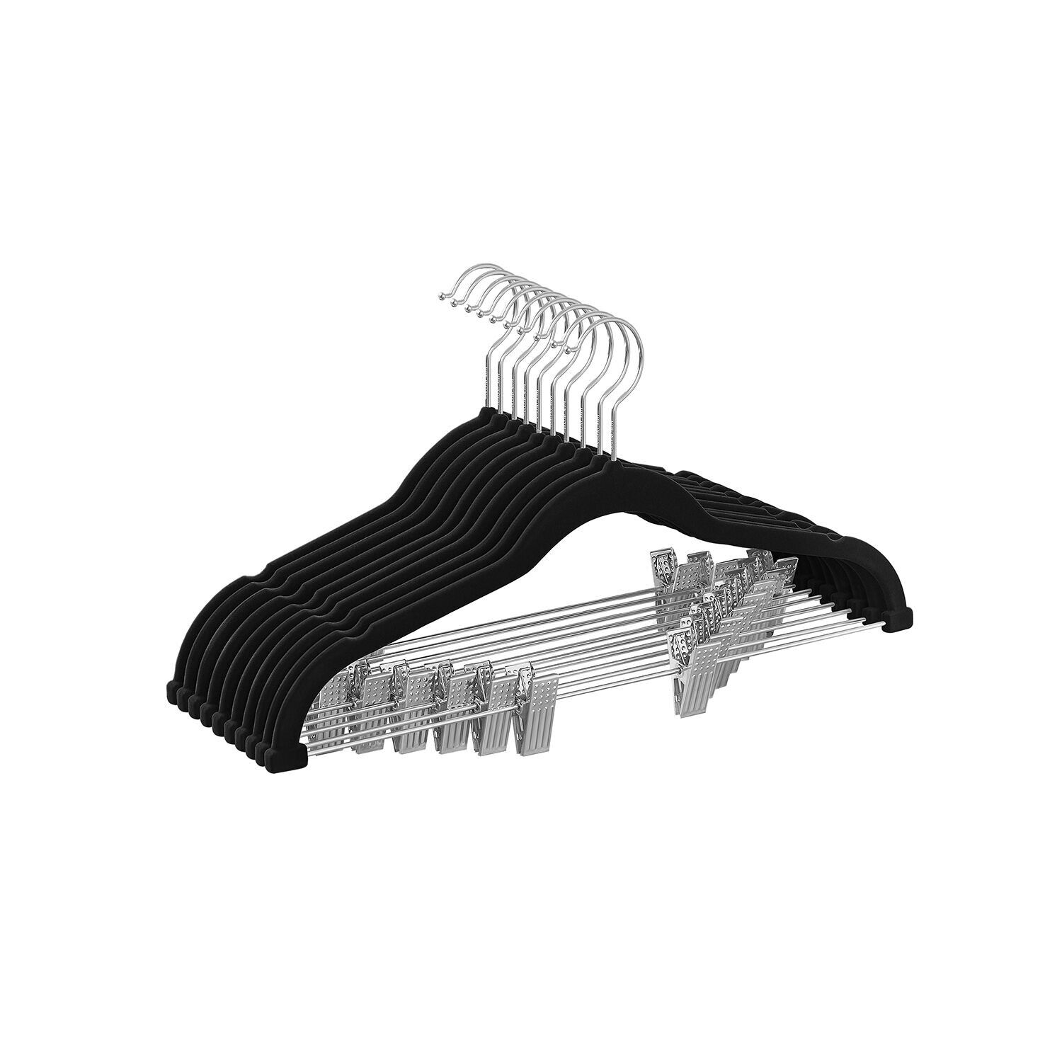 Lot de 10 cintres en velours avec clips réglables, noir, 42.5x23.5 cm