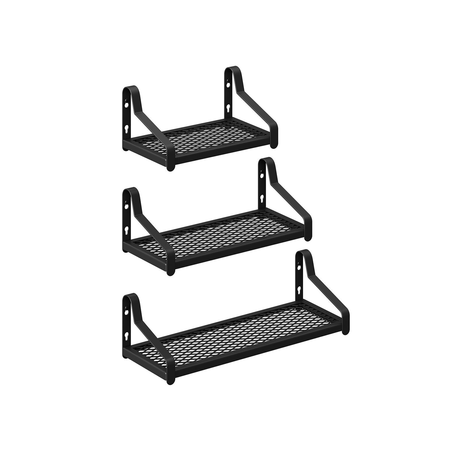 Set of 3 metal wall shelves, 24.5 x 14 x 12 cm (L x W x H) - Medium shelf dimensions: 32.5 x 14 x 12 cm (L x W x H) - Large shelf dimensions: 41.5 x 14 x 12 cm