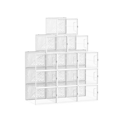 Set di 12 scatole per scarpe pieghevoli e impilabili, trasparenti-bianche, 35 x 25.5 x 19 cm (P x L x A) Dimensioni interne per scatola da scarpe: 32.7×24.5 x 17.8 cm