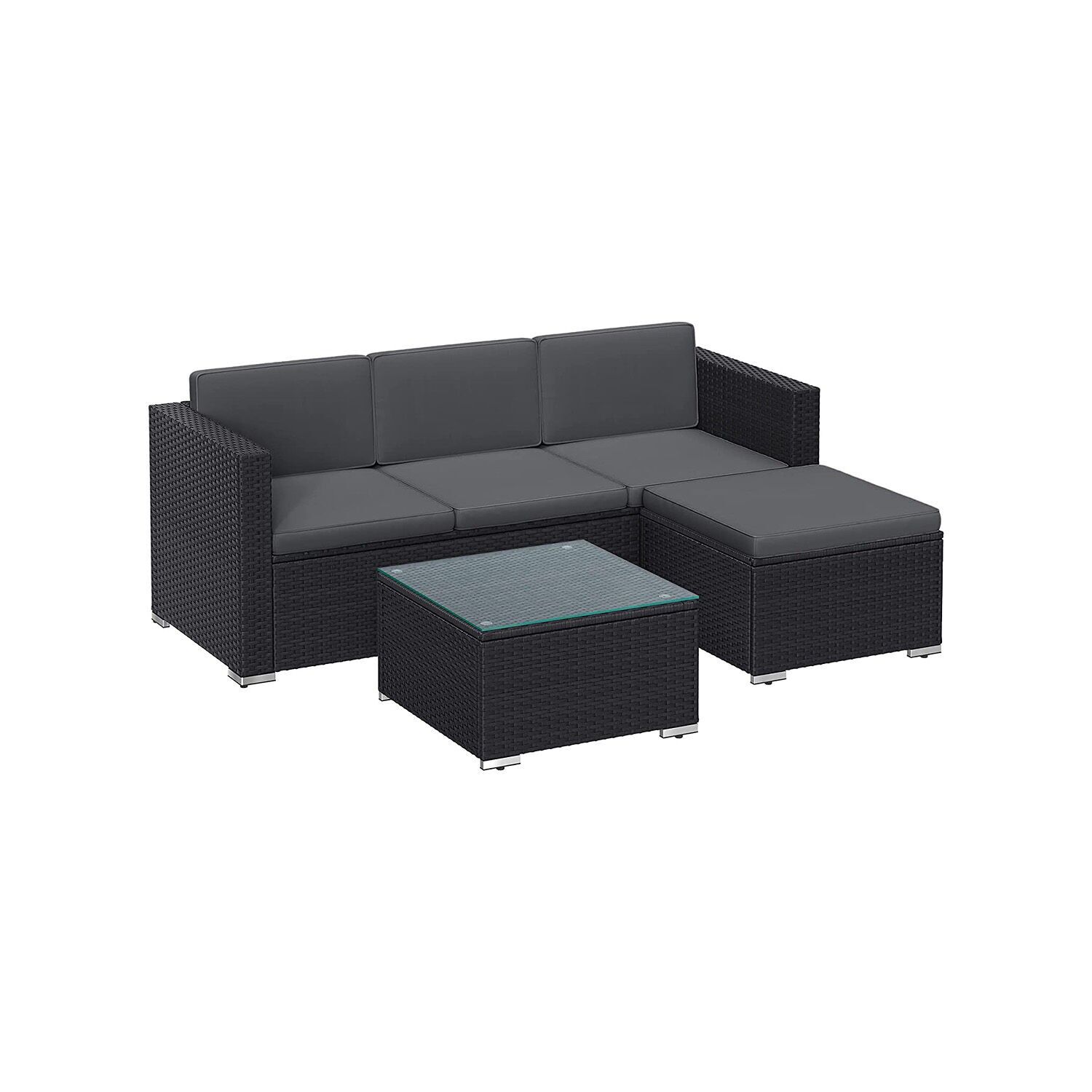 Salon de jardin avec coussins et table en verre noir-gris, 60 x 173 x 66 cm (P x L x H) Dimensions du repose-pieds : 58 x 58 x 34 cm (P x L x H) Dimensions de la table basse : 58 x 58 x 34 cm