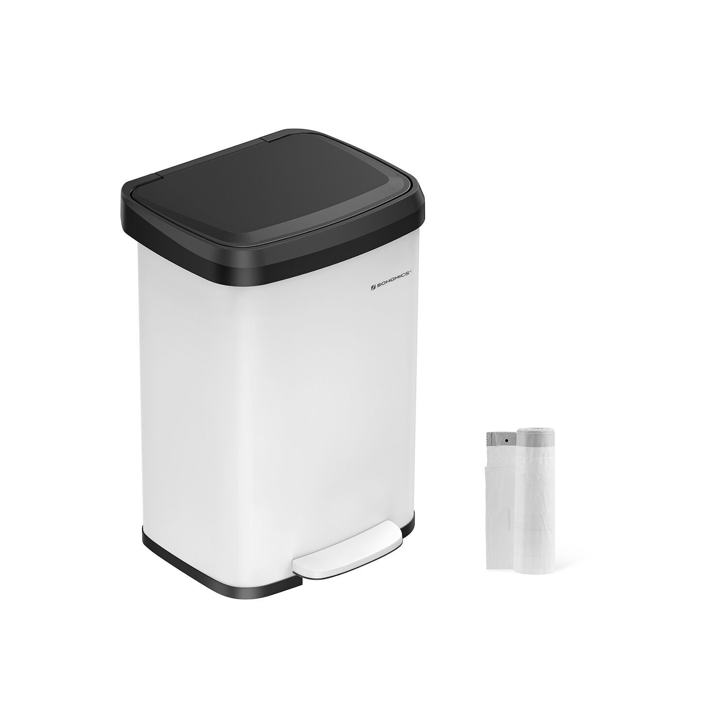 Poubelle de cuisine en métal de 50 litres avec couvercle blanc-noir, 40.4x32.1 x 58.6 cm (L x l x H) Hauteur totale (avec couvercle ouvert) : 88 cm Dimensions de la pédale : 19.7x5.9 cm