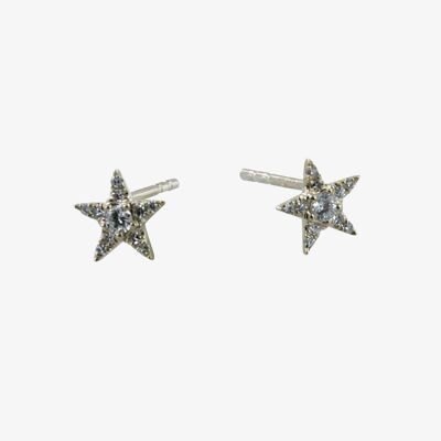 14K Yellow Gold and Diamond Star Stud Earrings