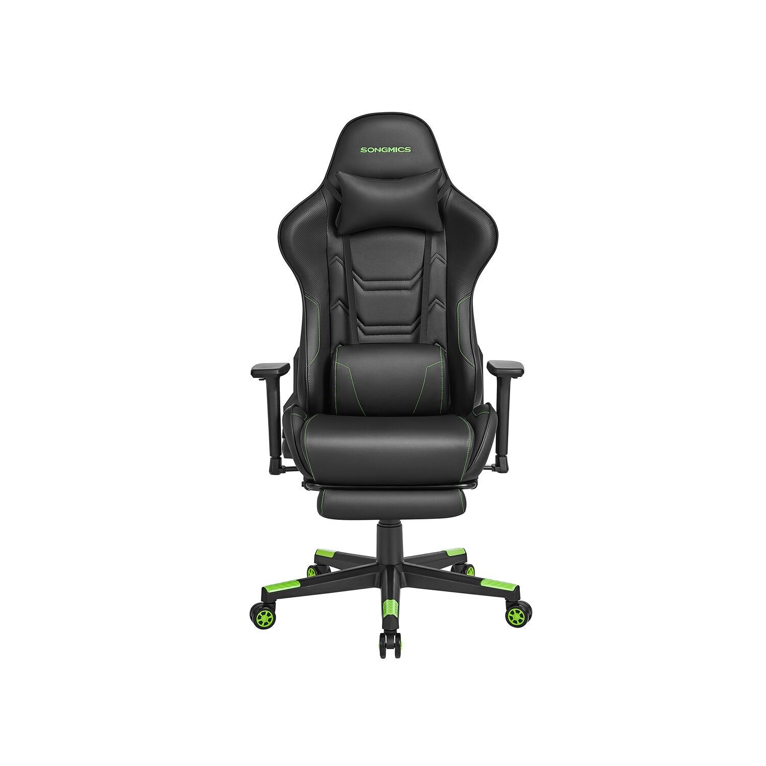 Chaise de jeu avec accoudoirs ergonomiques et coussins en noir et vert