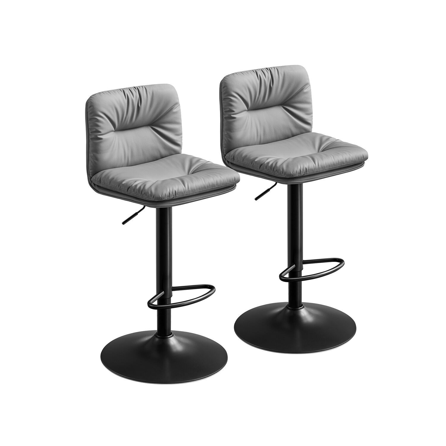 Bar stool set of 2, 360° swivel, grey, 47 x 41 x (89-110) cm (D x W x H) Seat height: 62.5-83.5 cm Seat width: 41 cm Seat depth: 35.5 cm Backrest size: 39 x 26.5 cm (W x H) Foot size: Ø 45 cm