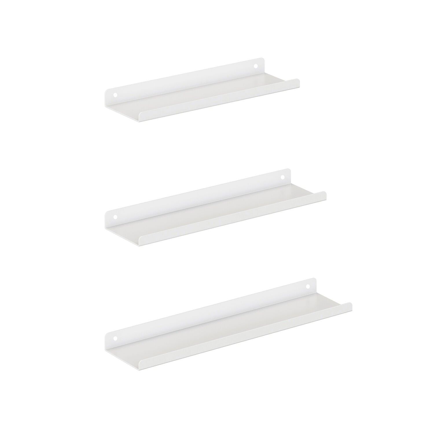 Metal wall shelves, white photo frames, 30 x 9 x 2.5 cm (L x W x H) Dimensions of the medium shelf: 35 x 9 x 2.5 cm (L x W x H) Dimensions of the large shelf: 40 x 9.5 x 2.5 cm