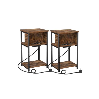 Bedside table with sockets, narrow, vintage brown-black, 30 x 34 x 58 cm