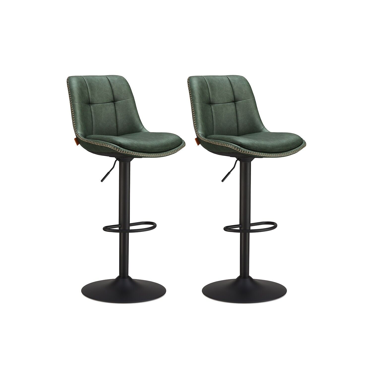 Bar stool set of 2 with backrest, forest green, 44 x 48 x (90-112) cm (D x W x H) Seat height: 62-84 cm Seat size: 38 x 44 cm (D x W) Back height: 30 cm Foot size: Ø 45 cm