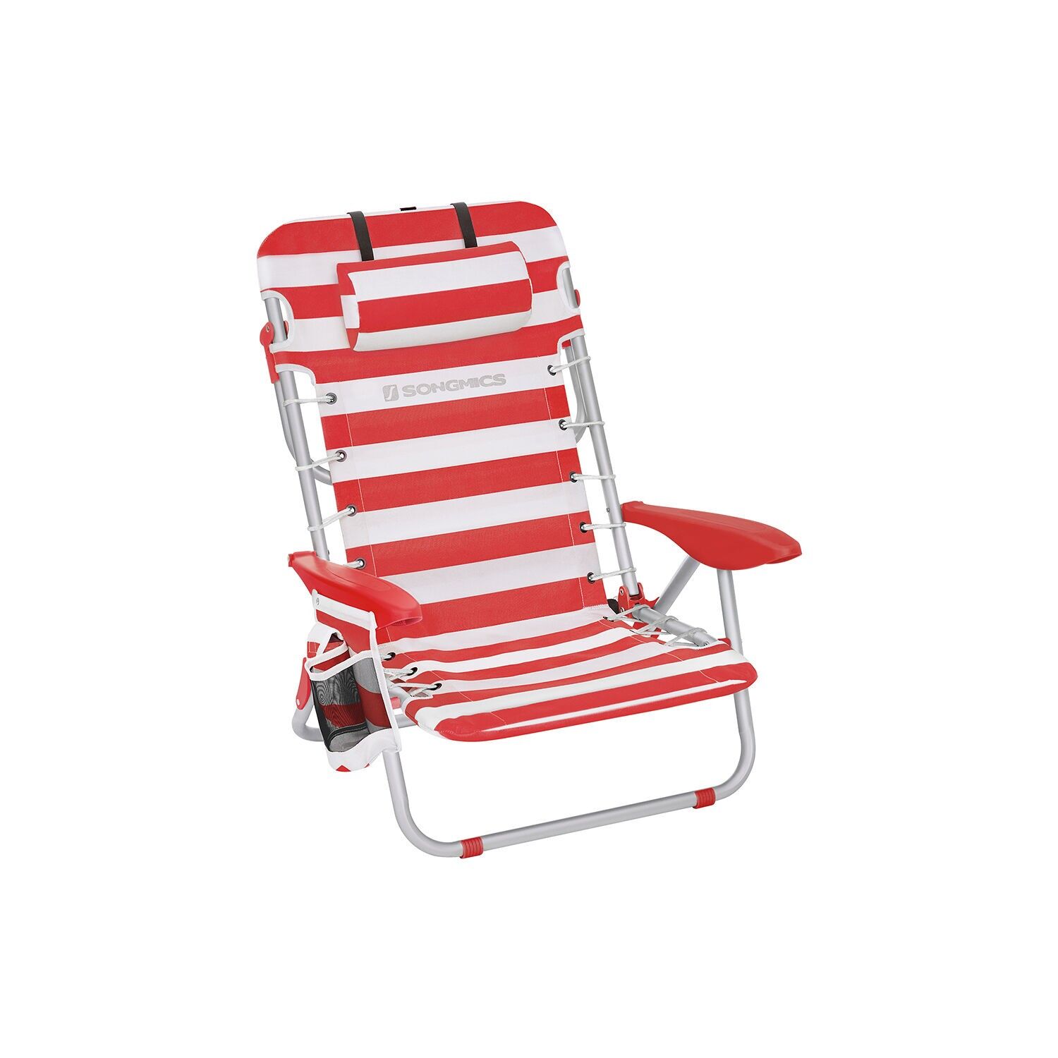 Camping chair with shoulder straps and armrests, red-white, 68 x 63 x 75 cm (D x W x H) Folded dimensions: 66.5 x 70 x 11 cm (D x W x H) Seat surface: 48 x 39 cm (D x W) Backrest height: 65 cm Distance between seat and floor: 21 cm