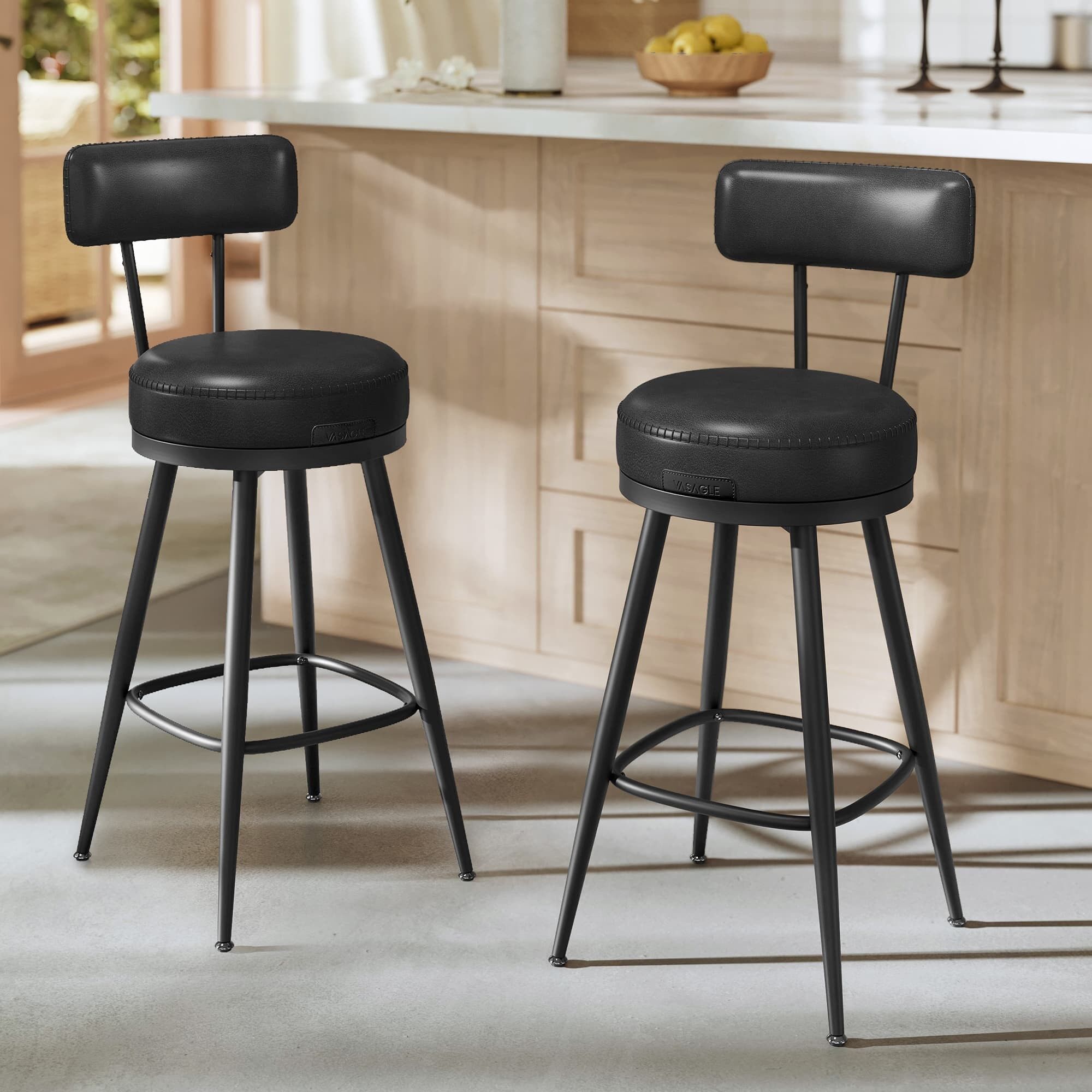 EKHO Collection - Set of 2 imitation leather bar stools in jet black, 54 x 54 x 91 cm (D x W x H) - Seat height: 65 cm
