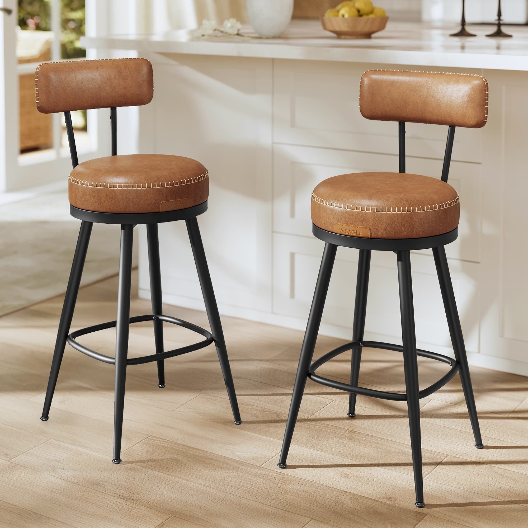 EKHO Collection - Bar stool set of 2 with swivel backrest, caramel brown, 57 x 57 x 101 cm (D x W x H) - Seat height: 76 cm