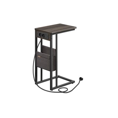 Tavolino laterale a forma di C con 2 prese, marrone cenere, 30 x 40 x 62 cm