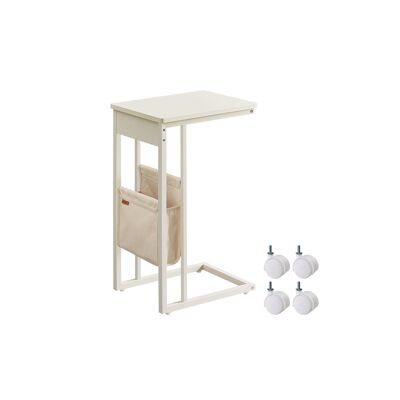 Tavolino laterale a forma di C con borsa portaoggetti, bianco crema, 30 x 40 x 62 cm