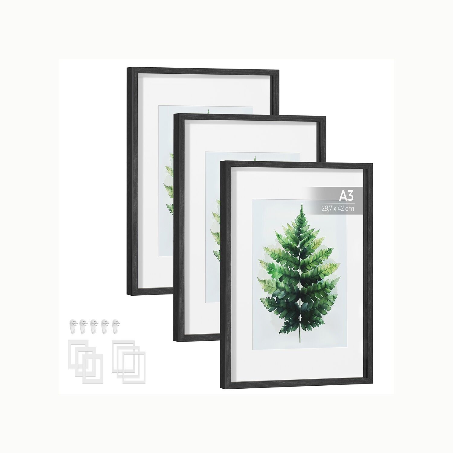 Set of 3 photo frames with passe-partouts, ash black, 28 x 36 cm, 20 x 25 cm, A4 photos, with passe-partouts, frames, for wall or table, photo gallery, glass, MDF, 37 x 29.3 cm
