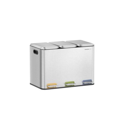 Poubelle de cuisine avec 3 compartiments de 15 L, argent métallisé, 60.5x38.8 x 42.7 cm (L x l x H) Hauteur totale (avec couvercle ouvert) : 73.3 cm Dimensions par seau intérieur : 28.5 x 18 x 39.4 cm