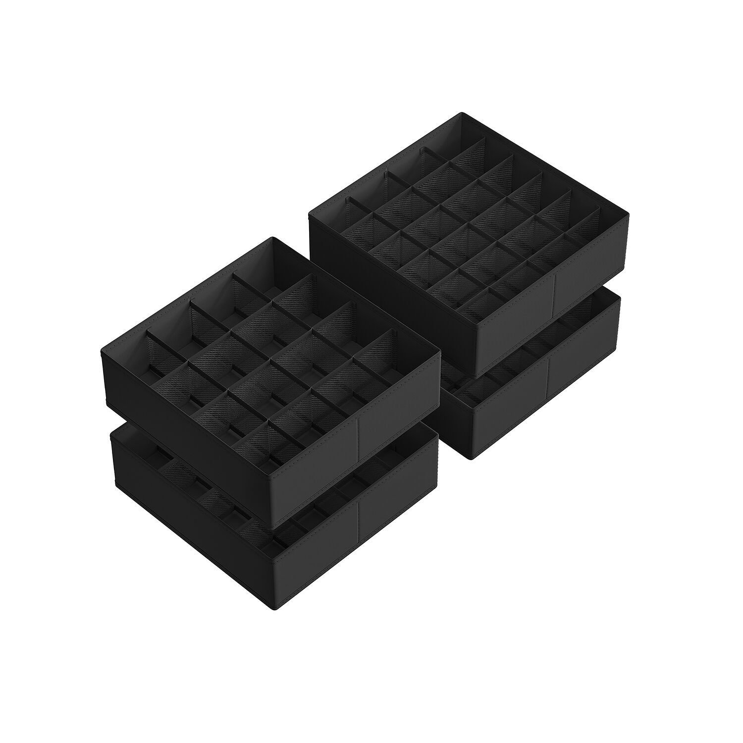 Underwear organizer set of 4 with 80 compartments in ink black, 30 x 30 x 10 cm (D x W x H) Dimensions of each large compartment: 7.6 x 7.6 cm Dimensions of each small compartment: 7.6 x 5 cm