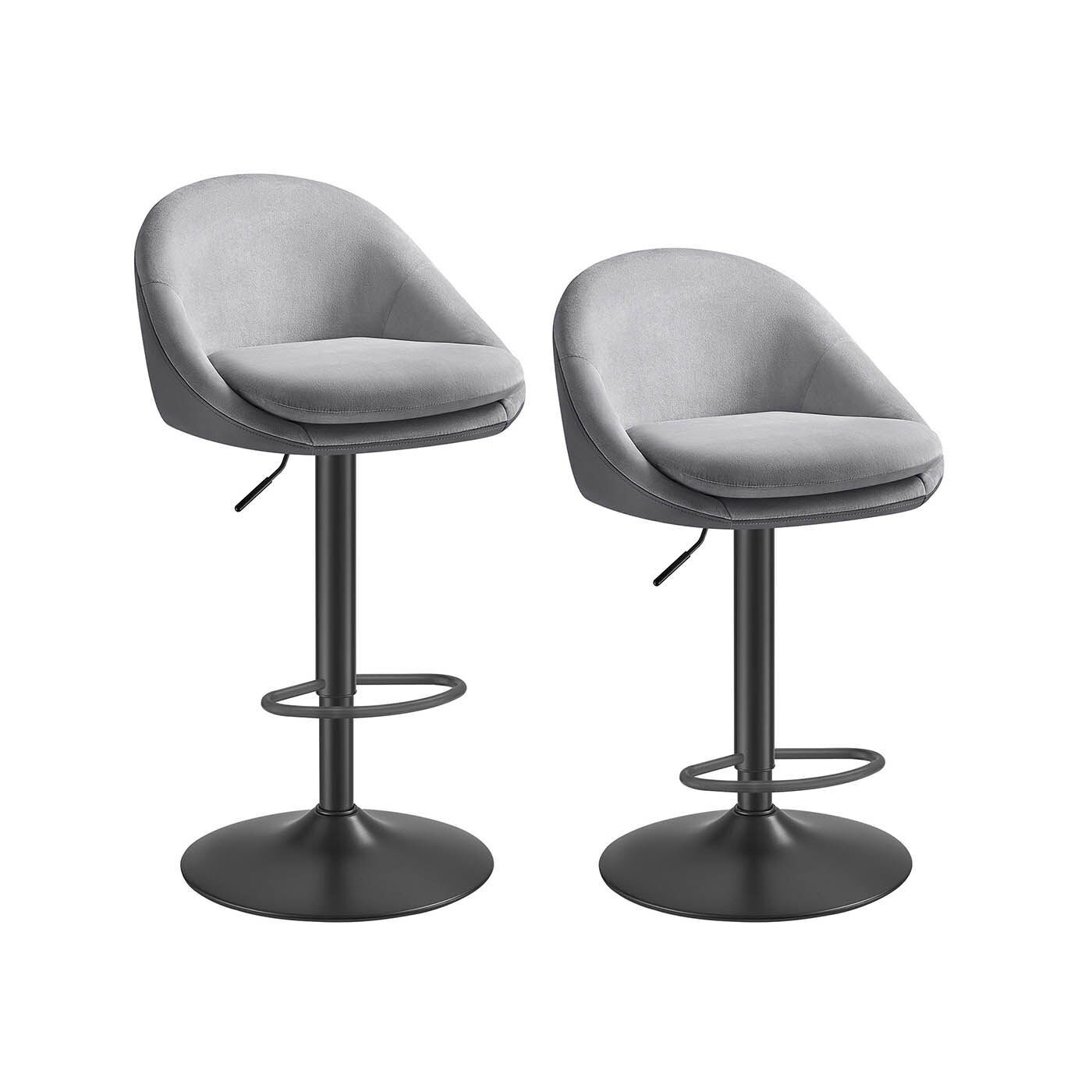 Bar stool set of 2, height adjustable, dove grey-ink black, 52.5 x 50 x (97.5-108.5) cm (D x W x H) Seat height (from floor): 59-73.5 cm Seat size: 41 x 43 cm (D x W) Back height: 37.5 cm Foot size: 45 cm