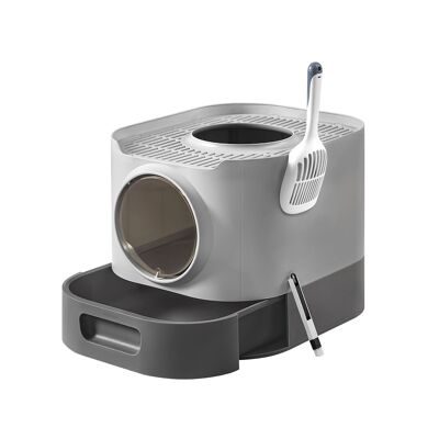Cat litter box with lid and pull-out drawer, dove grey-slate grey, 54 x 42.8 x 40 cm