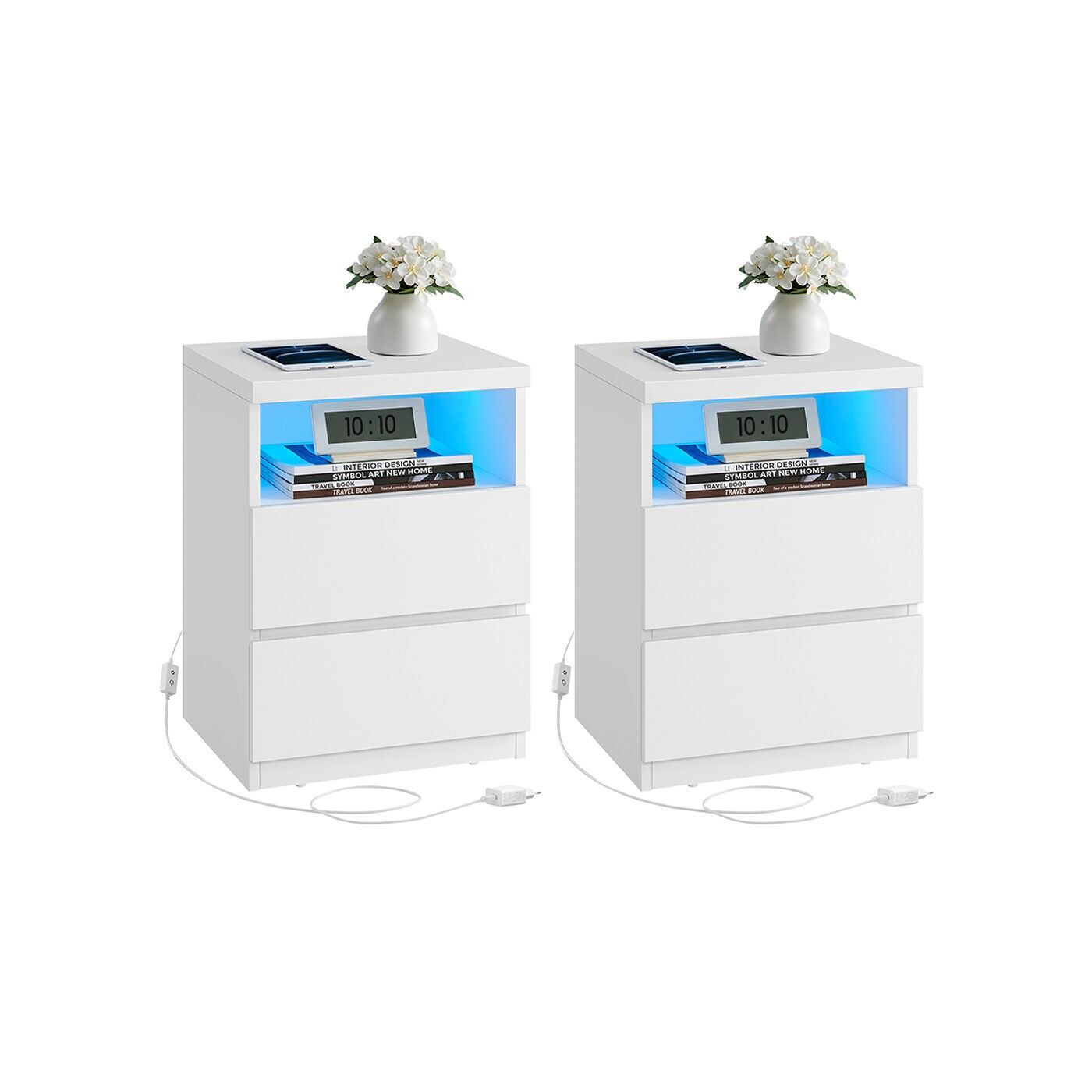 Bedside table set of 2 with adjustable LED lighting, cloud white, 35 x 40 x 55 cm