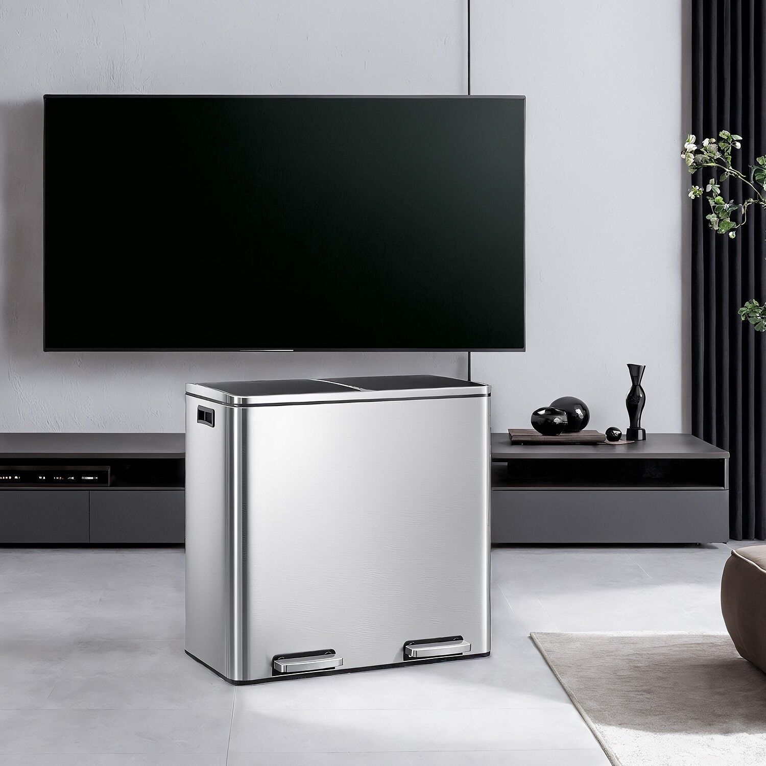 Waste bin, 2 x 30 litres, 2 compartments, 58.6 x 32 x 65 cm (L x W x H) Inner bucket dimensions: 27 x 27 x 58.5 cm (L x W x H) Total height (with lid open): 94 cm