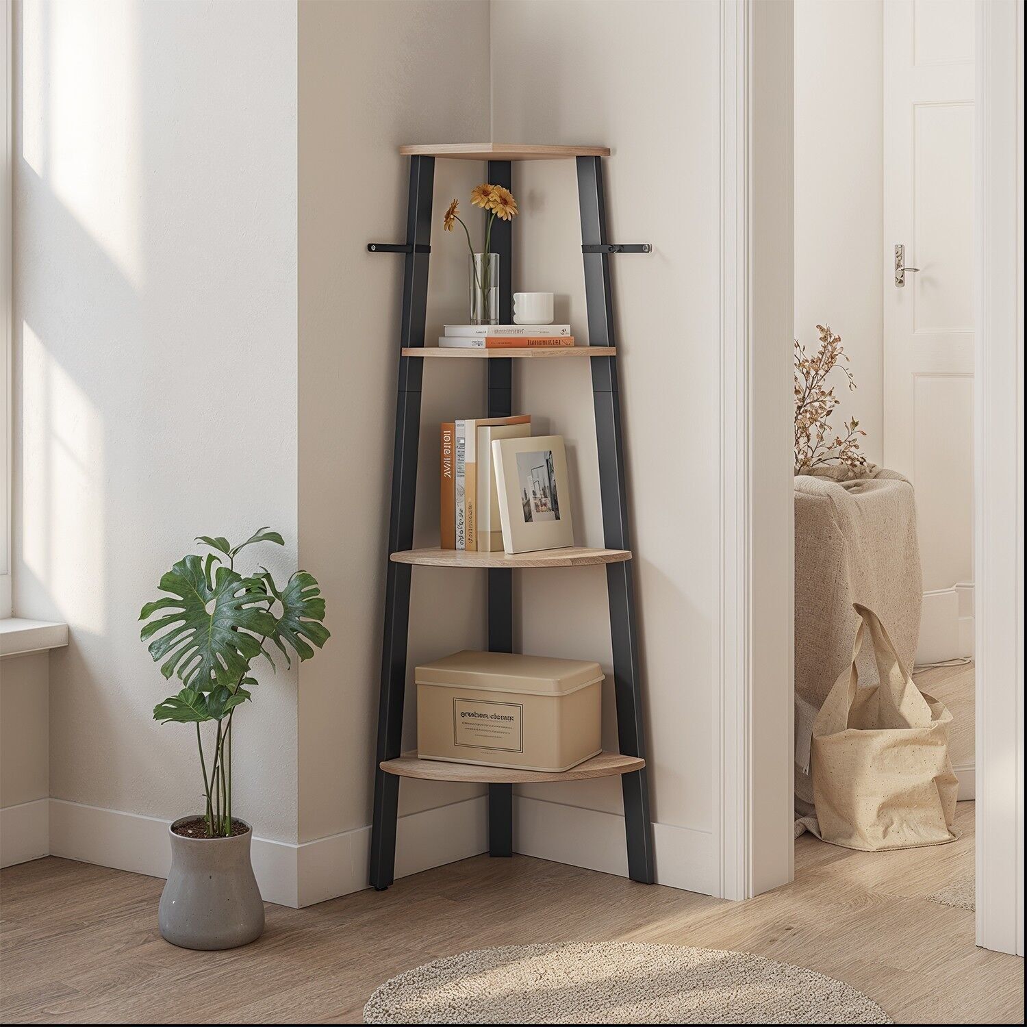 Corner shelf, bookcase with 4 levels, ladder shelf, 34 x 34 x 125 cm