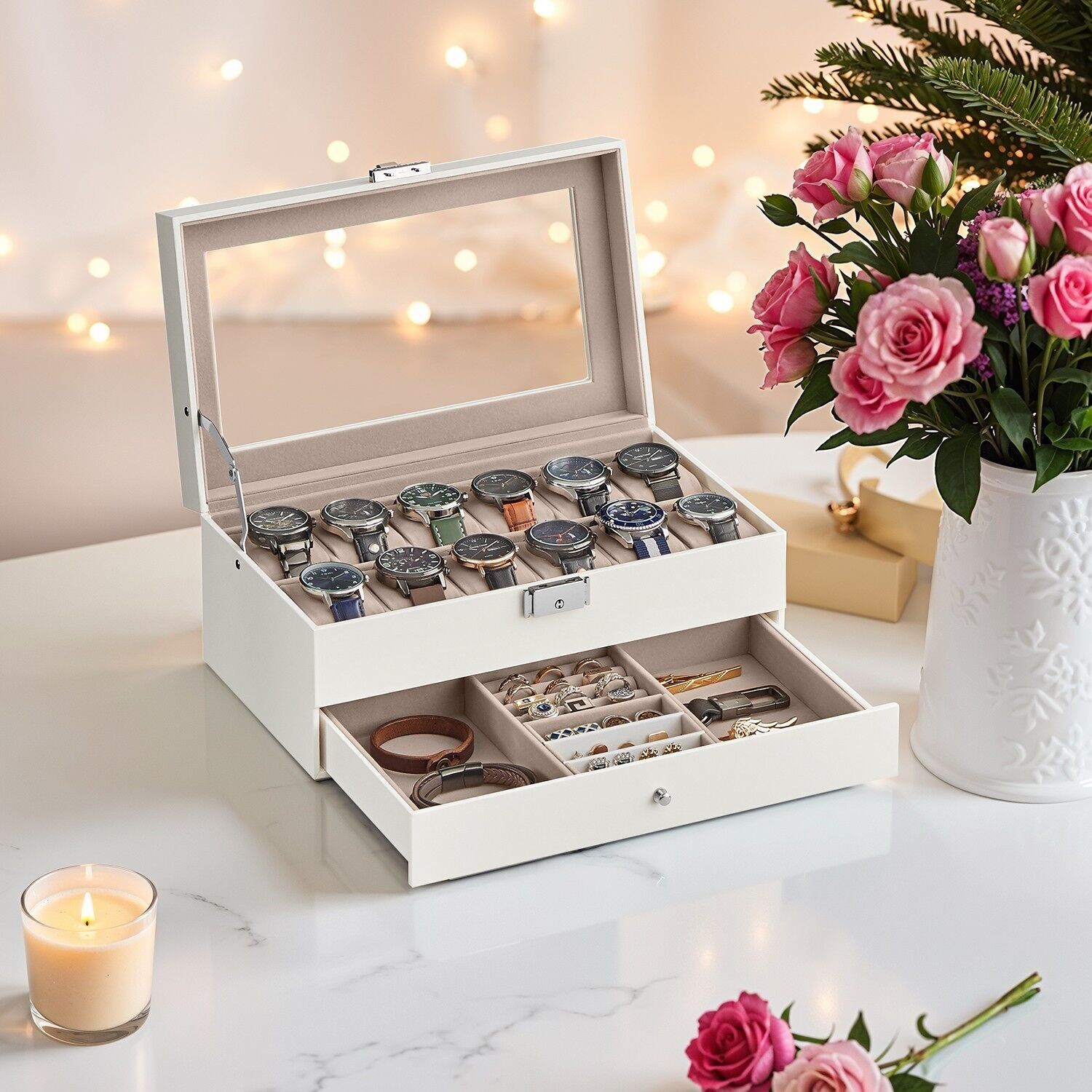 Uhrenbox, Uhrenetui mit Glasdeckel, 2 Ebenen, 18.5 x 32.5 x 13.5 cm