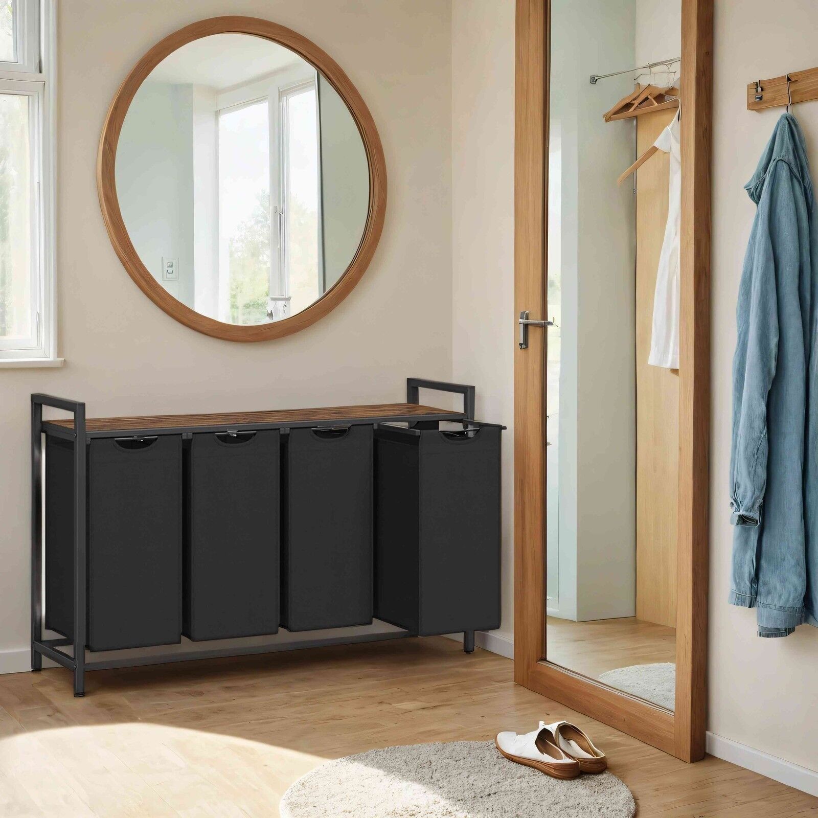 Panier à linge 4 compartiments, bac de récupération du linge avec étagère, boîte à linge, 116 x 33 x 72 cm (L x l x H) - Dimensions de chaque sac : 25 x 30 x 51 cm