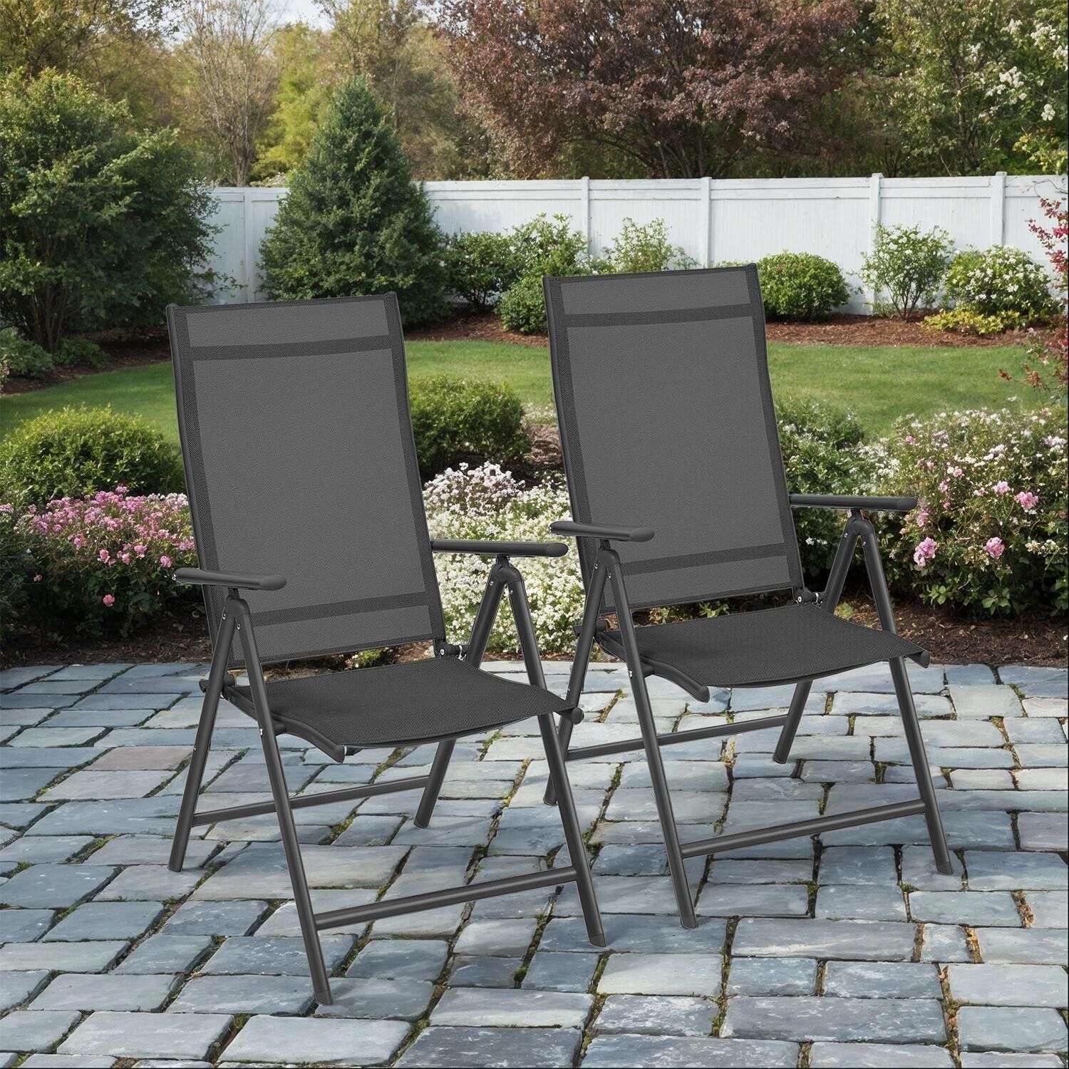 Set of 2 garden chairs, folding chair with a load capacity up to 150 kg, with metal frame, 70 x 56 x 107 cm (D x W x H) - Folded dimensions per chair: 14 x 56 x 87 cm